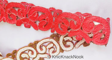 Gold Zardozi Hand Embroidered Cutwork Lace Trim Beaded with Ivory Seed Beads, Wedding Trim, Indian Trim
